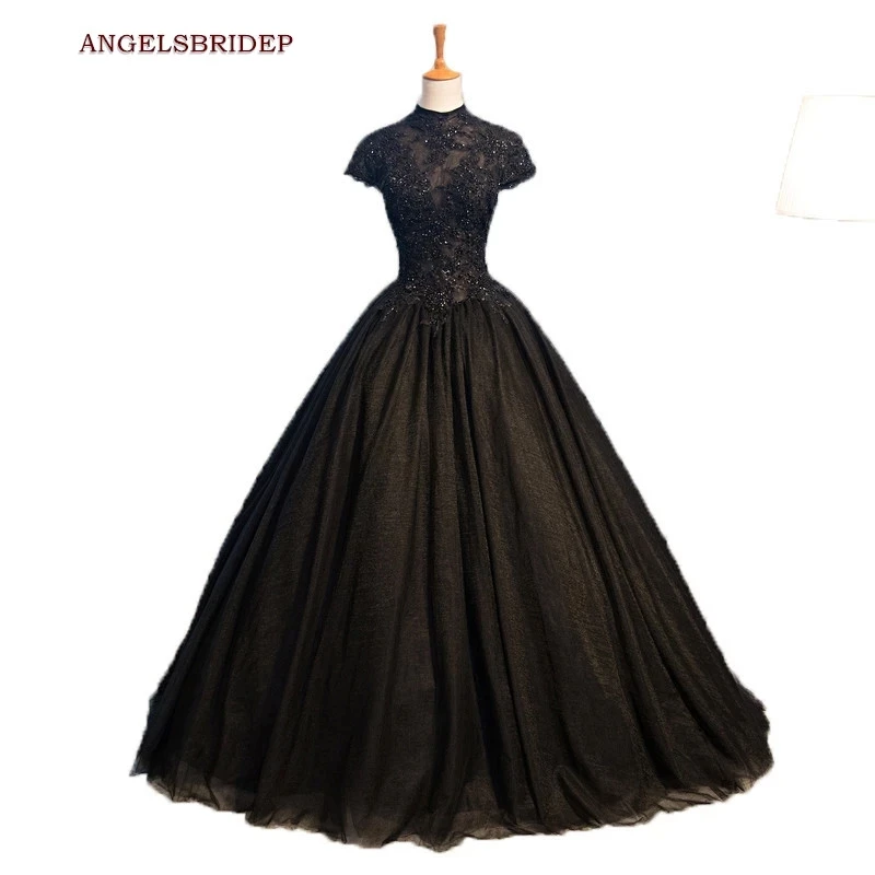 

ANGELSBRIDEP High-Neck Black Quinceanera Dresses Vestidos De 15 Anos Applique Beading Tulle Celebrity Birthday Party Gowns HOT