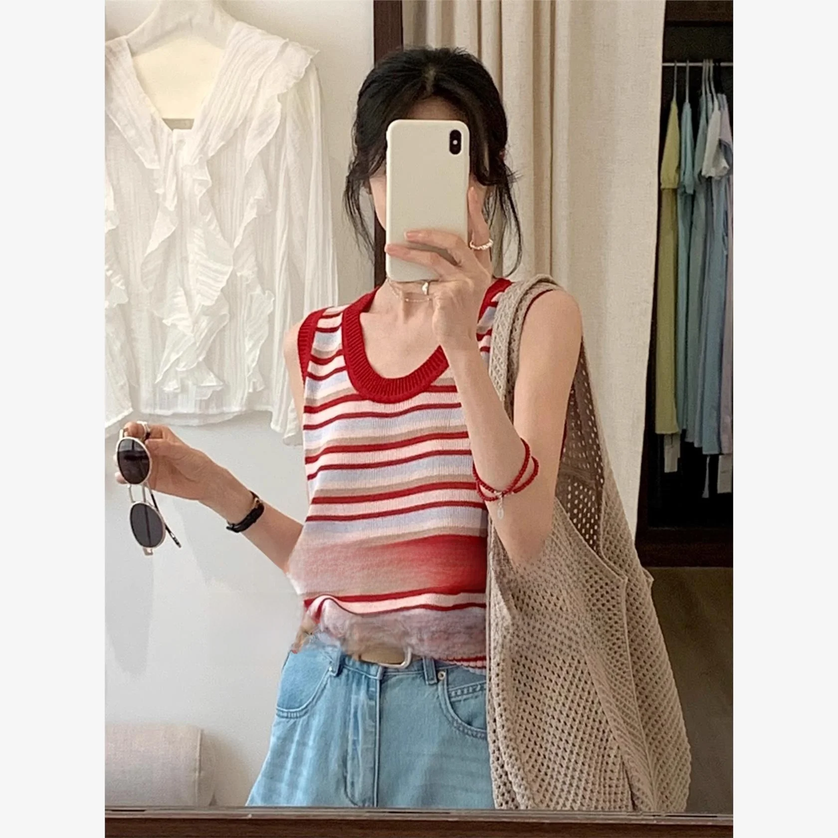 

Жилет ROUJE TUSSE Summer Stripe Color Blo, круглый вырез, вязаный, универсальный базовый слой, топ, женская мода, для повседневной носки...