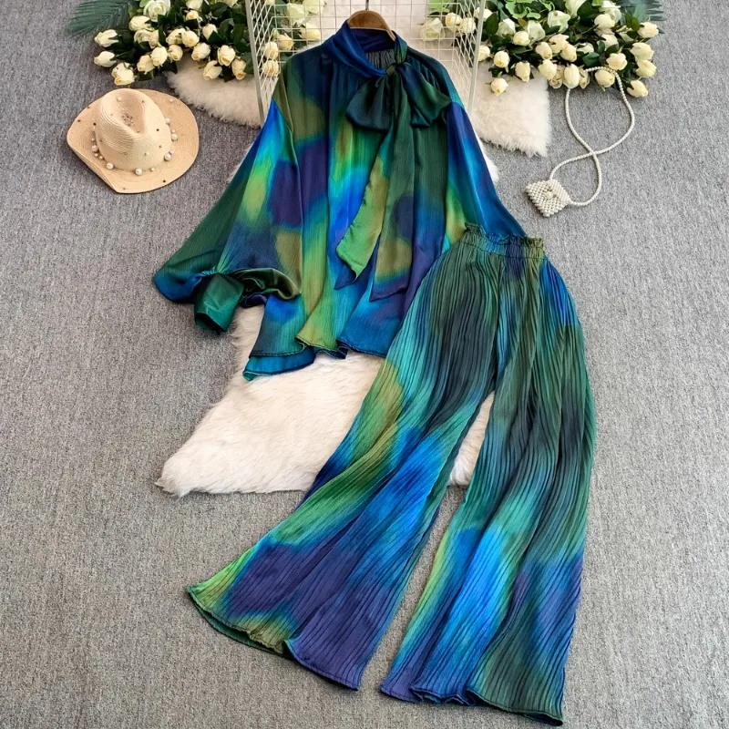 

SuperAen Korean Printed Bow Lantern Sleeve Shirt High Waist and Thin Pleated Wide-leg Pants Two-piece Set