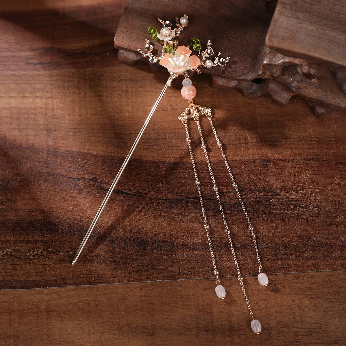 Jepit Rambut Rumbai Mutiara Bunga Merah Muda Gaya Kuno, Jepit Rambut Multi-Harta Karun Elemen Han, Hiasan Kepala Hanfu Seperti Peri, Aksesori Klasik untuk Pemotretan Gadis Muda