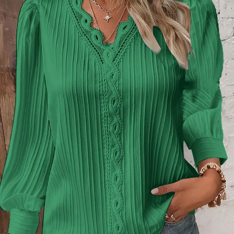 Solid Pullover Blouse Women Shirts Lace Spliced V Neck Blouses Loose Fit Summer Casual 2025 Slight Strech Basics Long Sleeve - Image 4