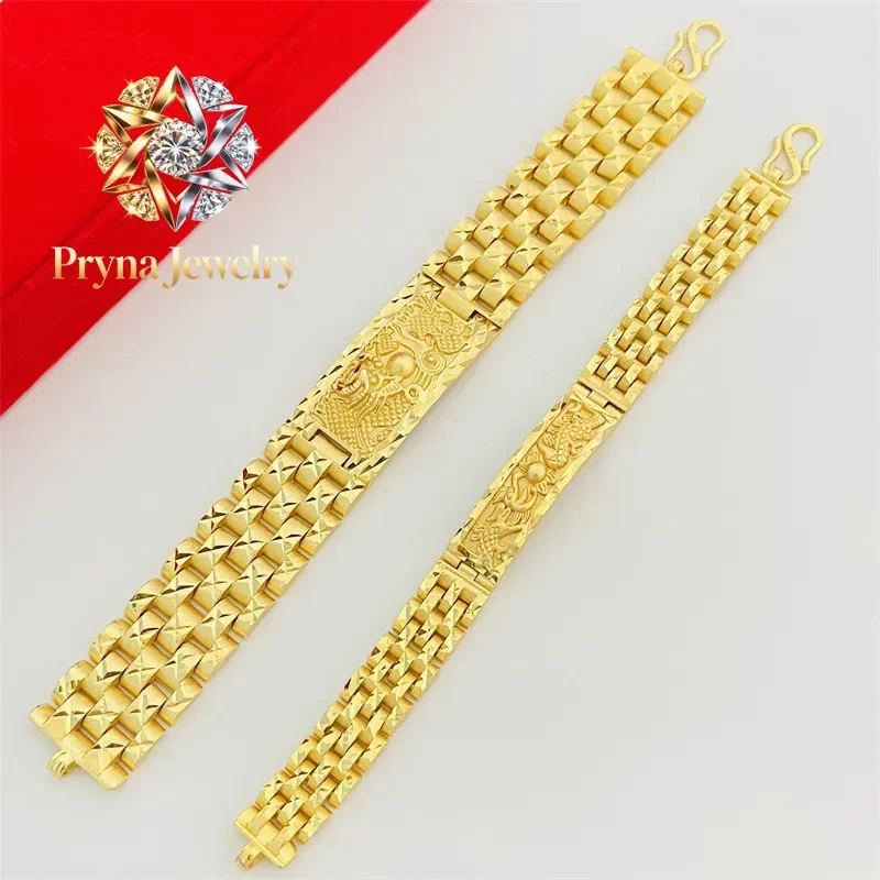 Pryna Jewelry  Luxurious 24K real gold dragon and phoenix hand-row bracelet au9999 gold embossed dragon pattern hand decoration