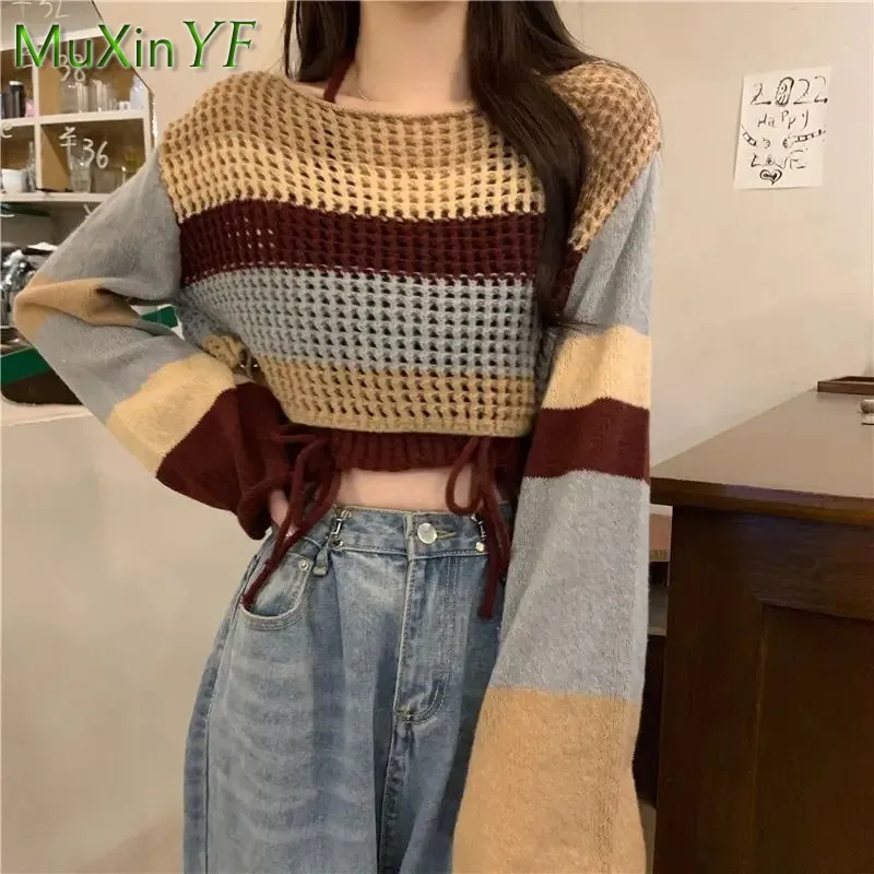 2024 Women\'s Autumn/Winter New Vintage Denim Dress Matching Set Korean Elegant Hollow Knitted Sweater+Strap Skirt Two Piece Suit