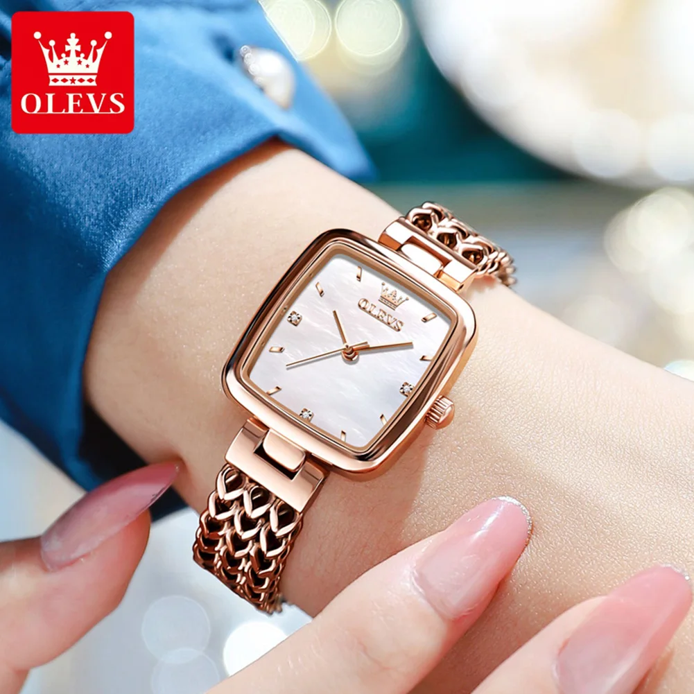 OLEVS 9951 Luxury Quartz Watch for Women Solid Stainless Steel Strap Rose Gold Women\'s Watches Elegant Square Ladies Wristwatch