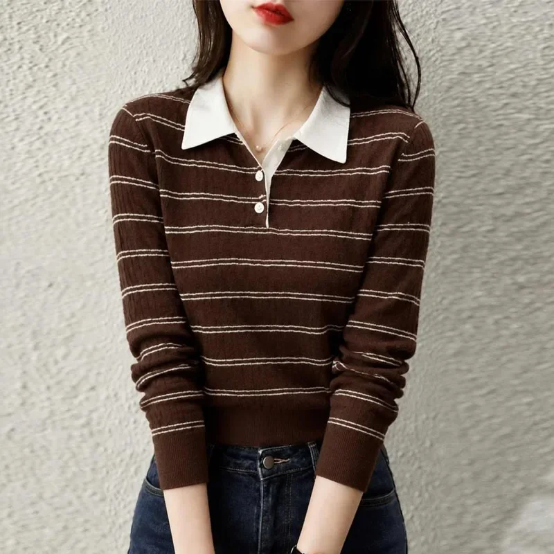 Fashion Long Sleeve Striped Knitted Sweater Women Pullovers Turn Down Collar Knit Sweater Pullover Women Tops Knitwears Q7595