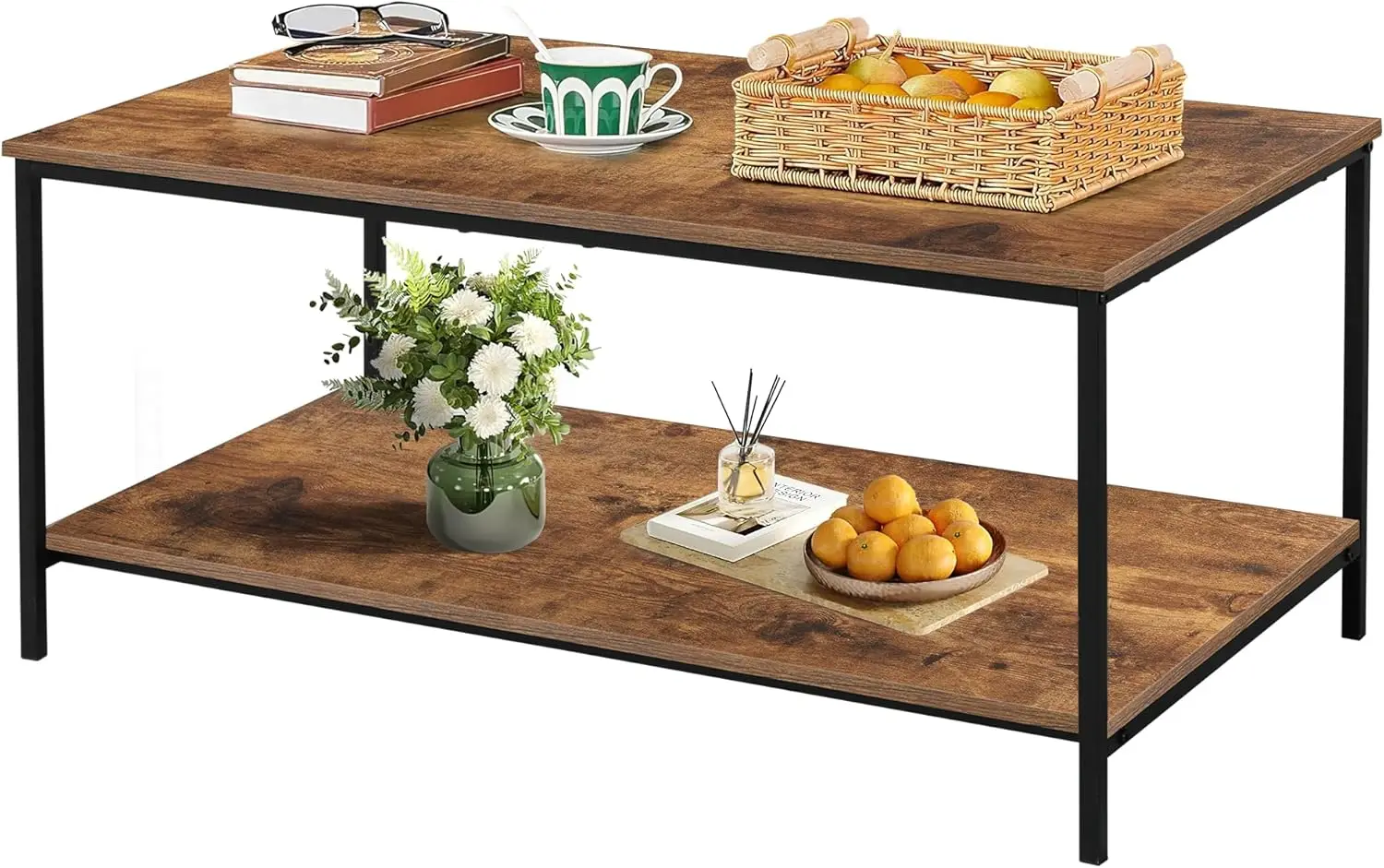 Senig-mesa de centro de 2 niveles con estante de almacenamiento para espacios de estar, madera rectangular marrón y mesa lateral de Metal resistente