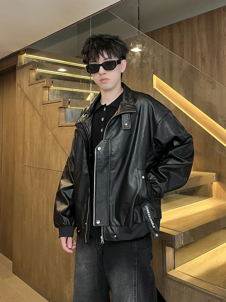 

Retro American Sle Loose Men's PU Leather Jaet Stand Collar Motorcycle Street Faion Brand Jaet Autumn New Arrival