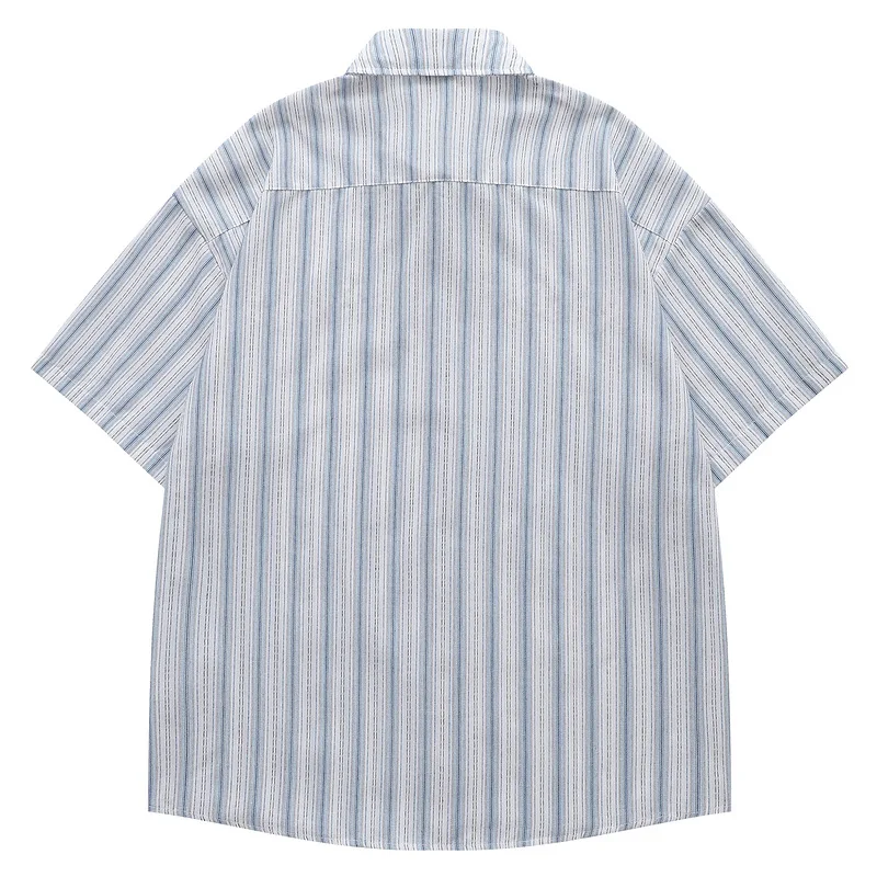Men Summer Japanese Retro Style Cartoon Dog Embroidery Blue White Striped Lapel Short Sleeve Loose Daily Casual Shirt Top