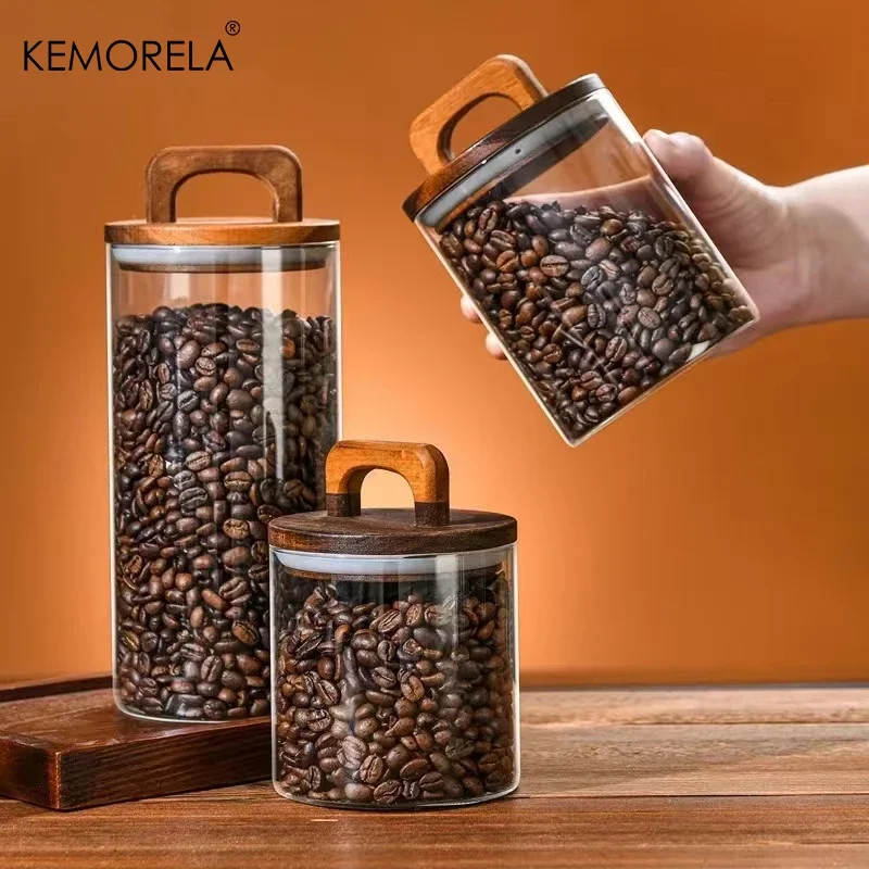 700/1100/1400ml Glass Food Storage Tank with Wooden Lid Kitchen Coffee Beans Candy Tea Grains Canister Home Snacks Storage Jar