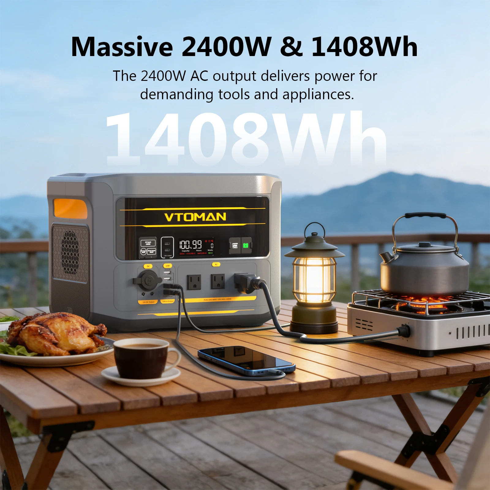 VTOMAN FlashSpeed 2400 Portable Power Station, 2400W 1408Wh LiFePO4 UPS Power Supply, Max 600W Solar Input, Expandable to 2688Wh, 12 Output Ports, Built-in Car Jump Starter for Camping Home Emergency Backup