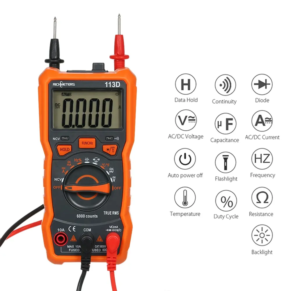 RICHMETERS RM113D/RM113A Multimetro Tester Digital Multimeter 6000 Counts Auto Ranging DC/AC Voltage Temperature Measuring