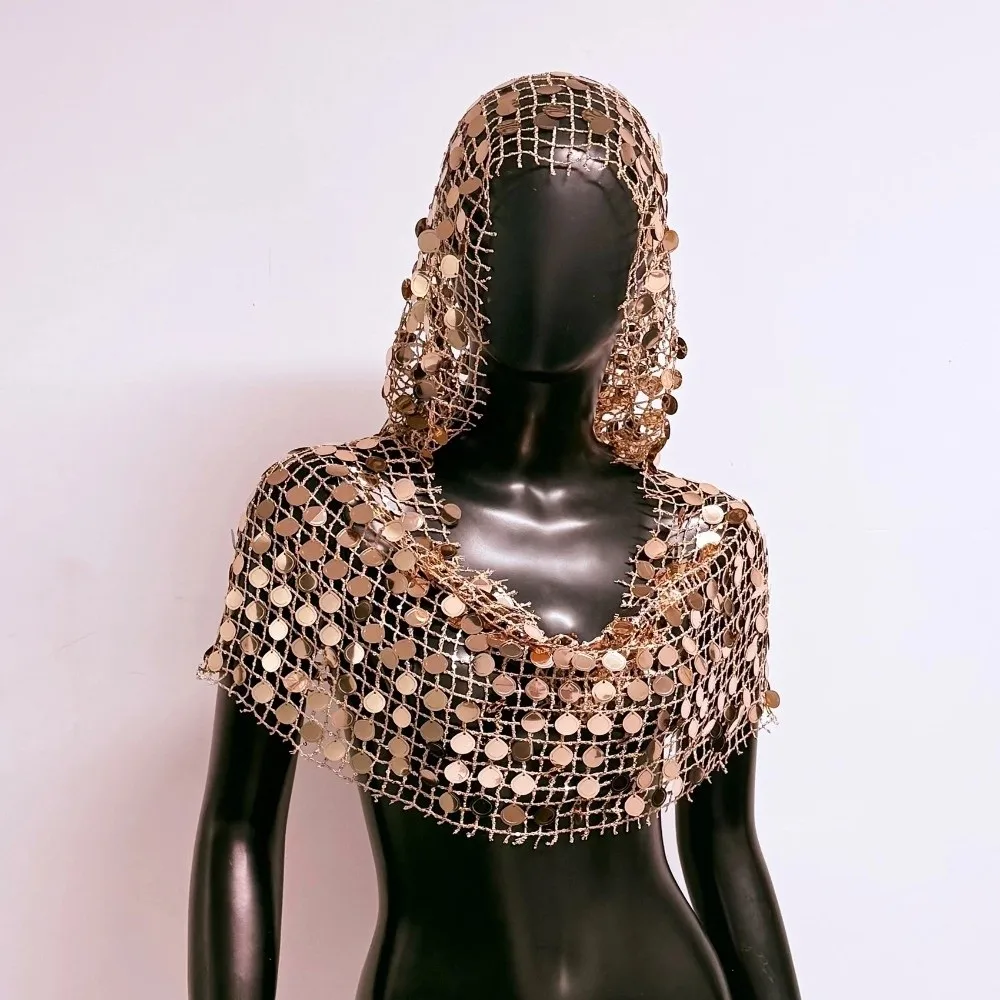 

Sexy Shiny Sequins Hooded Cover Up V Neck Hollow Out Tank Top Sheer Mesh Camisole Party Wear