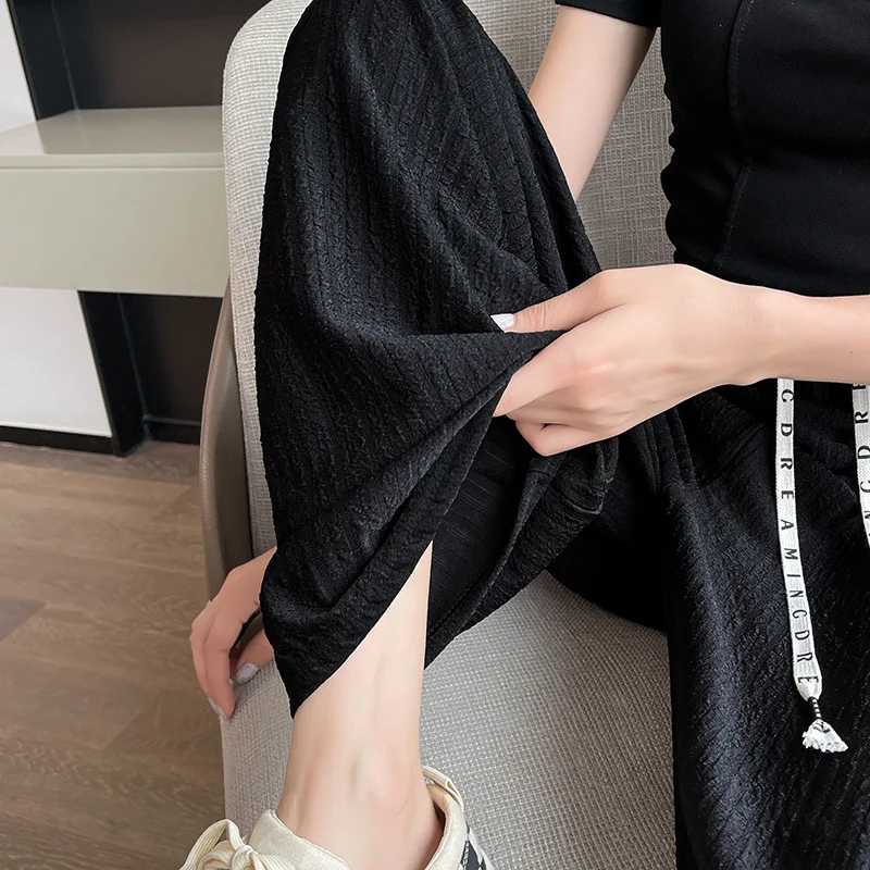 White Ice Silk Wide Leg Pants Women\'s Summer Thin High Waist Vertical Leg Sports Casual Moped Long Pants Loose Version Comfort