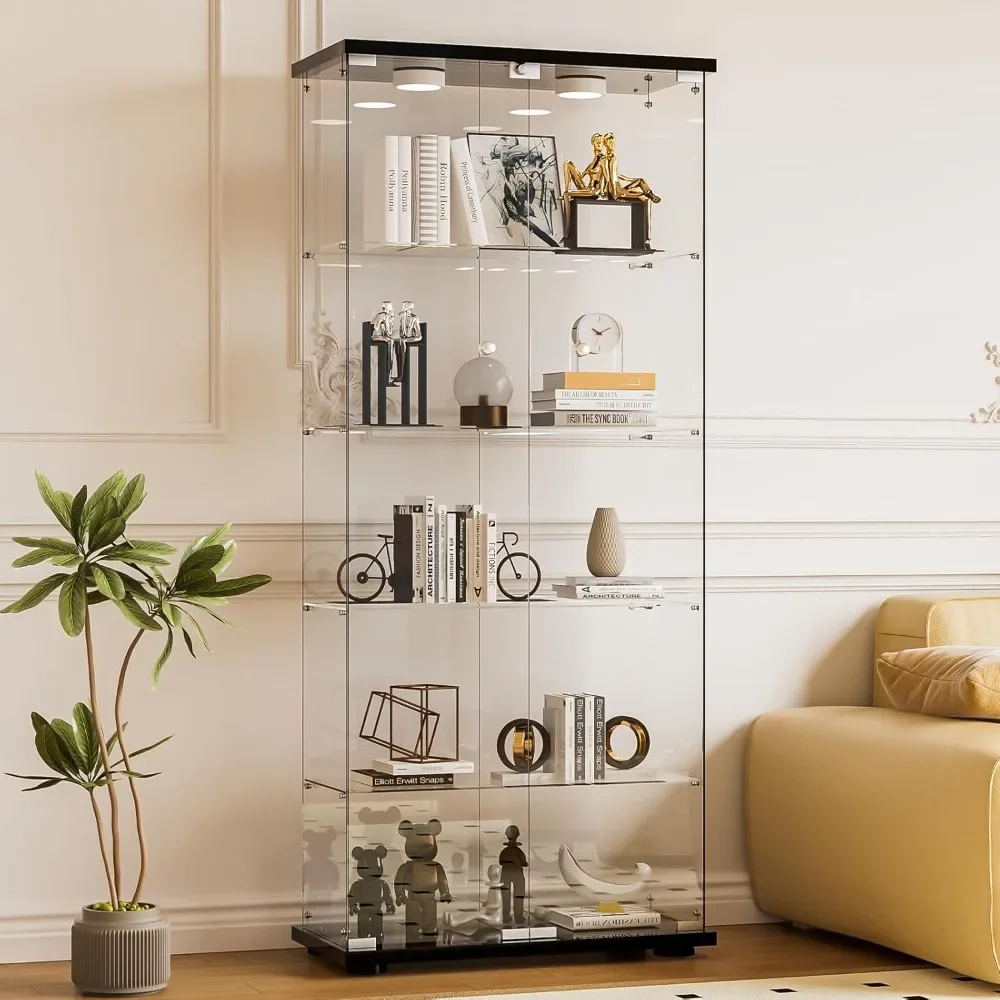 5-Shelf Glass Display Cabinet with Double Doors, Curio Display Case w/2 12-Color LED Lights & Remote, Tempered Glass Collection