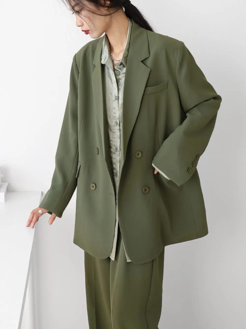 Fashion Loose Suit Jacket Female Spring 2023 New Duble Breasted Relaxed Design Sense Casual Blazers Wide Legs Pants 2 Pieces Set