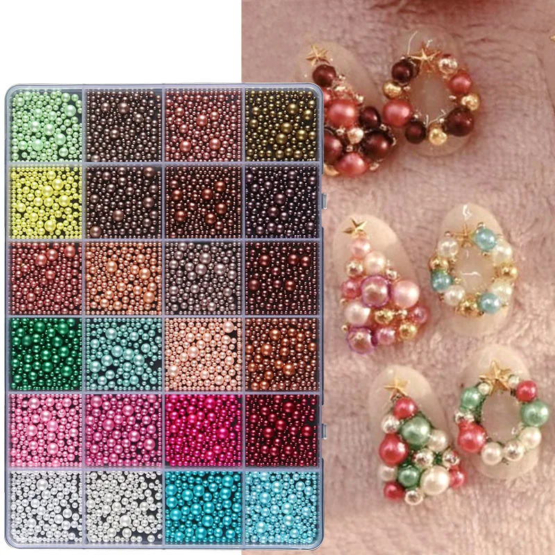 24 Grids Colorful Christmas Balls Nail Art Decor Kit Muti Size Pearl Beads Fall Winter Nail Charms For Xmas New Year Manicure ﻿