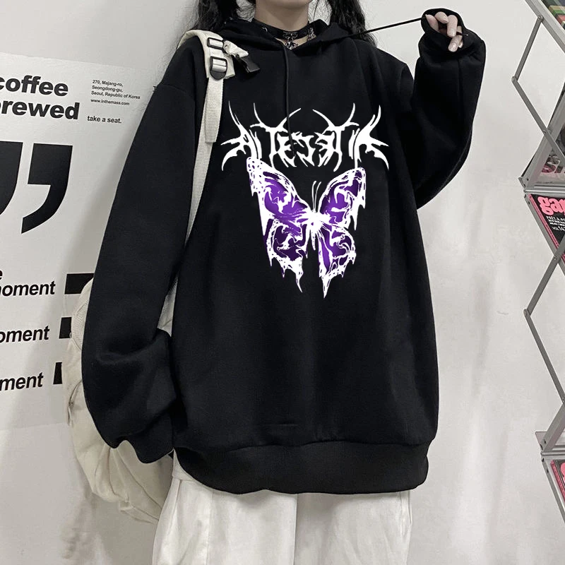 Женская одежда, осень 2022, с графическим принтом бабочки, модная Корейская толстовка оверсайз в стиле ольччан, Y2K, пальто в стиле готического ...