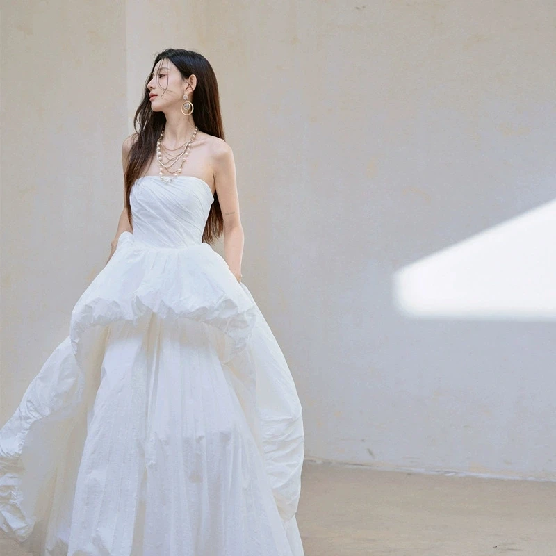 PJN 2025 Strapless Wedding Engagement Dress Women Pleated Graduation Gown Dresses Formal Long Evening Party Performance Dress