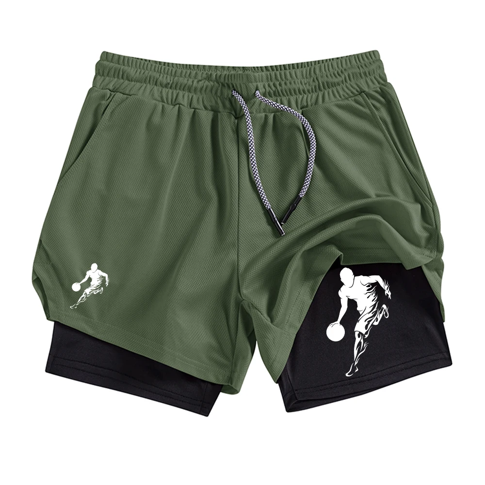 Men's Fun Basketball Print 2 In 1 Athletic Shorts Quick Dry Shorts For Running Fitness Wear With Towel Loop And Phone Pocket