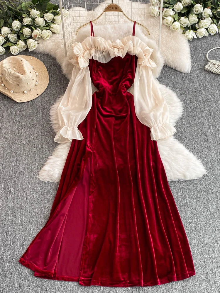 

Women's Red Patchwork A-line Velvet Evening Dress Vintage Off Shoulder Luxury Long Dresses Y2k One Piece Frocks 2000s Clothes