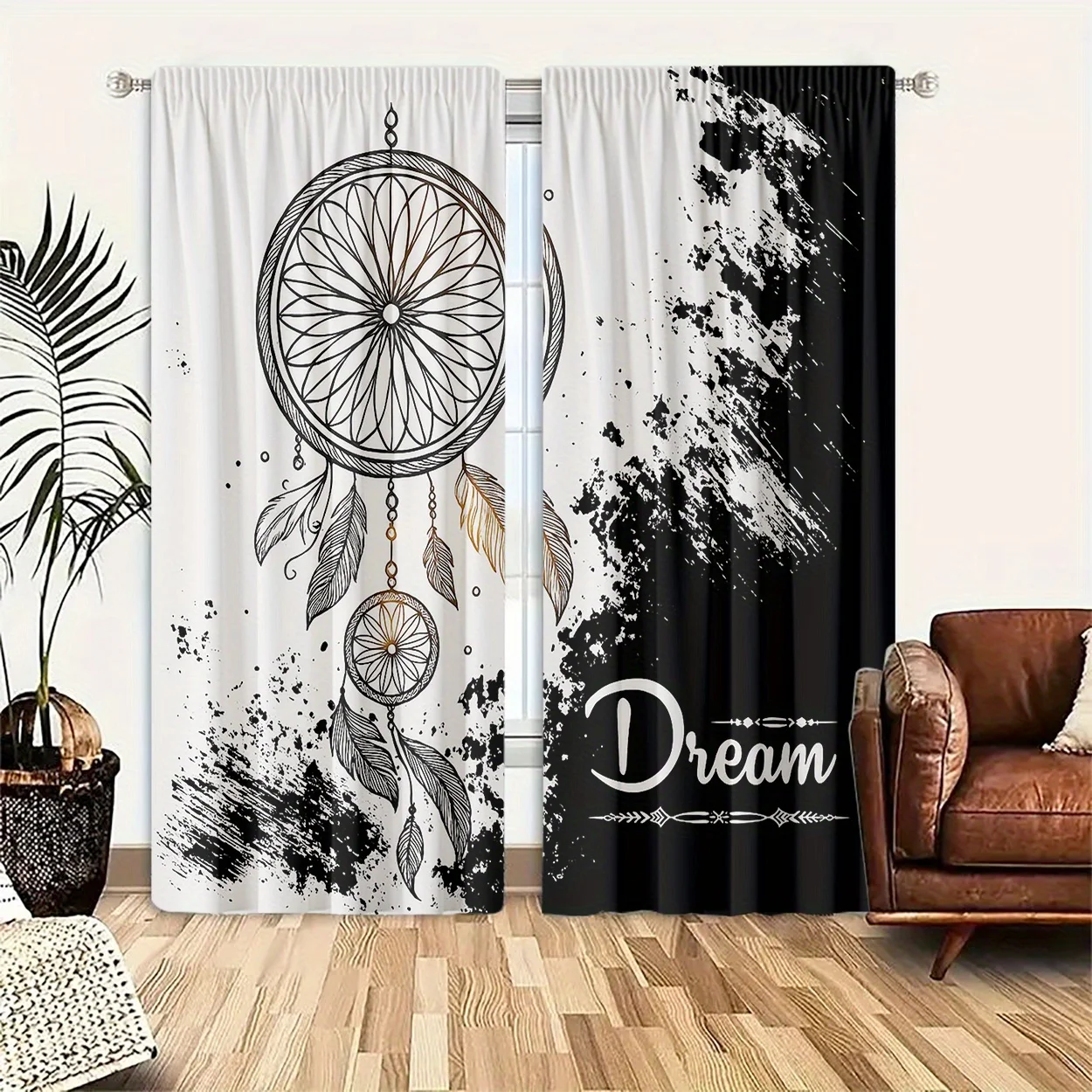 Ink Splash Dreamcatcher Window Curtain 2 Panels,Delicate Feather Net Dream Text Print Soft Black White Tone Bedroom Home Curtain