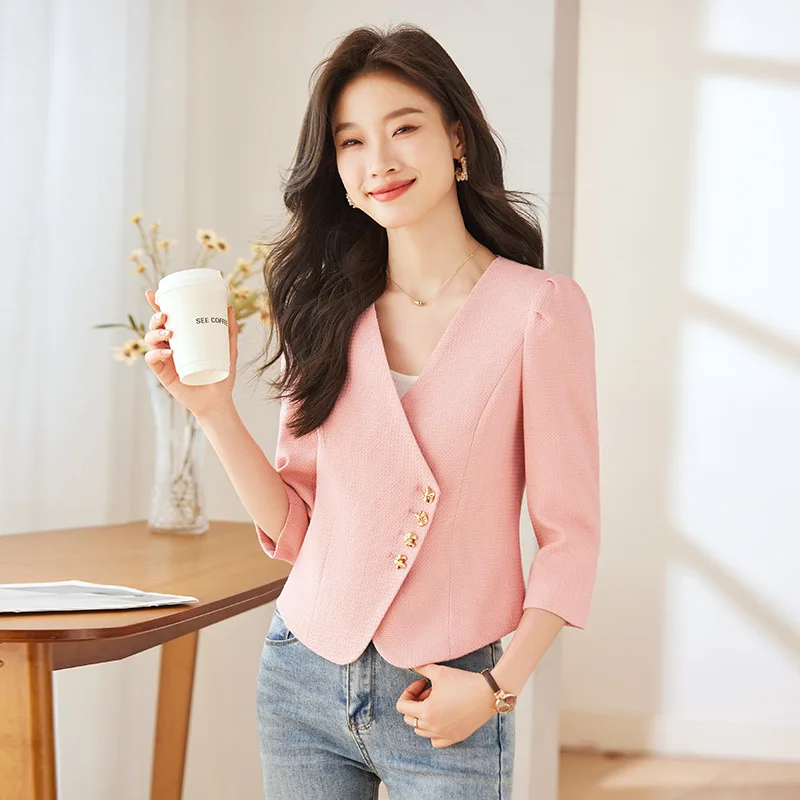 Collarless Small Suit Jacket for Women2024New Spring and Summer Design Short 3/4 Sleeve Suit Skirt Two-Piece Set