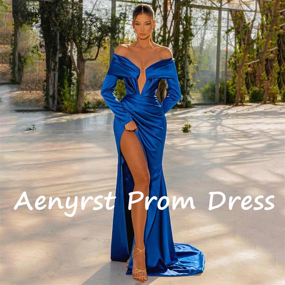 Aenyrst-Robe de Soirée Sexy en Satin, Col en V, Manches sulf, Sirène, Fente Haute, Bal, Quelle que soit la Longueur au Sol