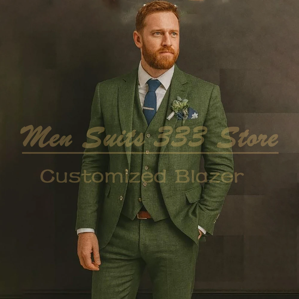 

Elegant Wedding Men's Suits Linen Single Breasted Notch Lapel Blazer Formal Groomsmen 3 Piece Jacket Pants Vest Full Sets Terno