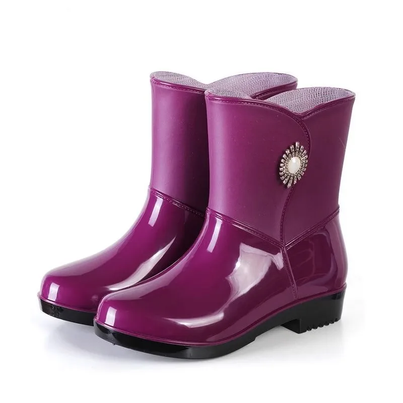 Rain ，boots for Women, Fashionable Outer Wear, Waterproof, Non-slip, Kitchen Work Rubber Shoes, Cotton Warm Mid-calf Water Shoes