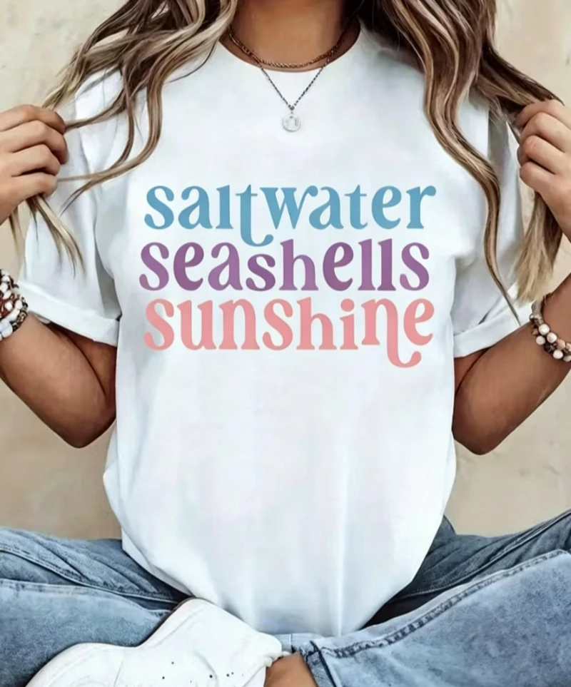 Saltwater Seashells Sunshine Print T-shirt Retro Pastel Beach Lettering Graphic Short Sleeve Tops Women Spring Summer Casual Tee