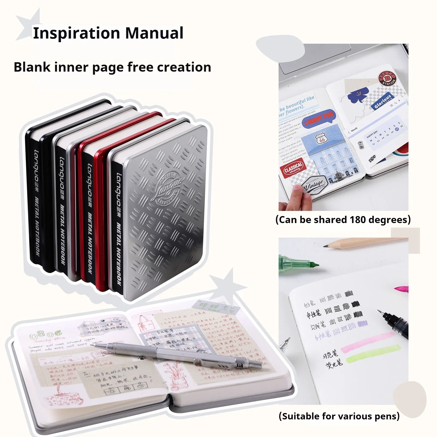 LANGUO 108Sheets Metal Cover Notebooks 64K Pocket Sketchbook Blank Paper Small Journal Notepads for School Office Travel Gifts