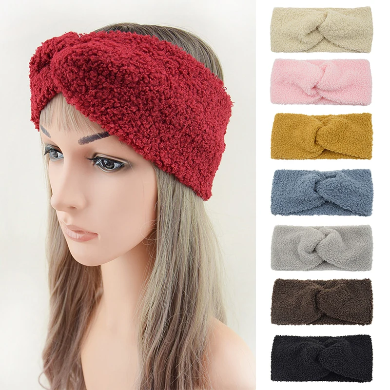 Plush Hair Ribbon Wide Warm Hairbands Cross Top Knot Hair Bands For Women Solid Color Turban Elastic Headbands Bandage Bandanas