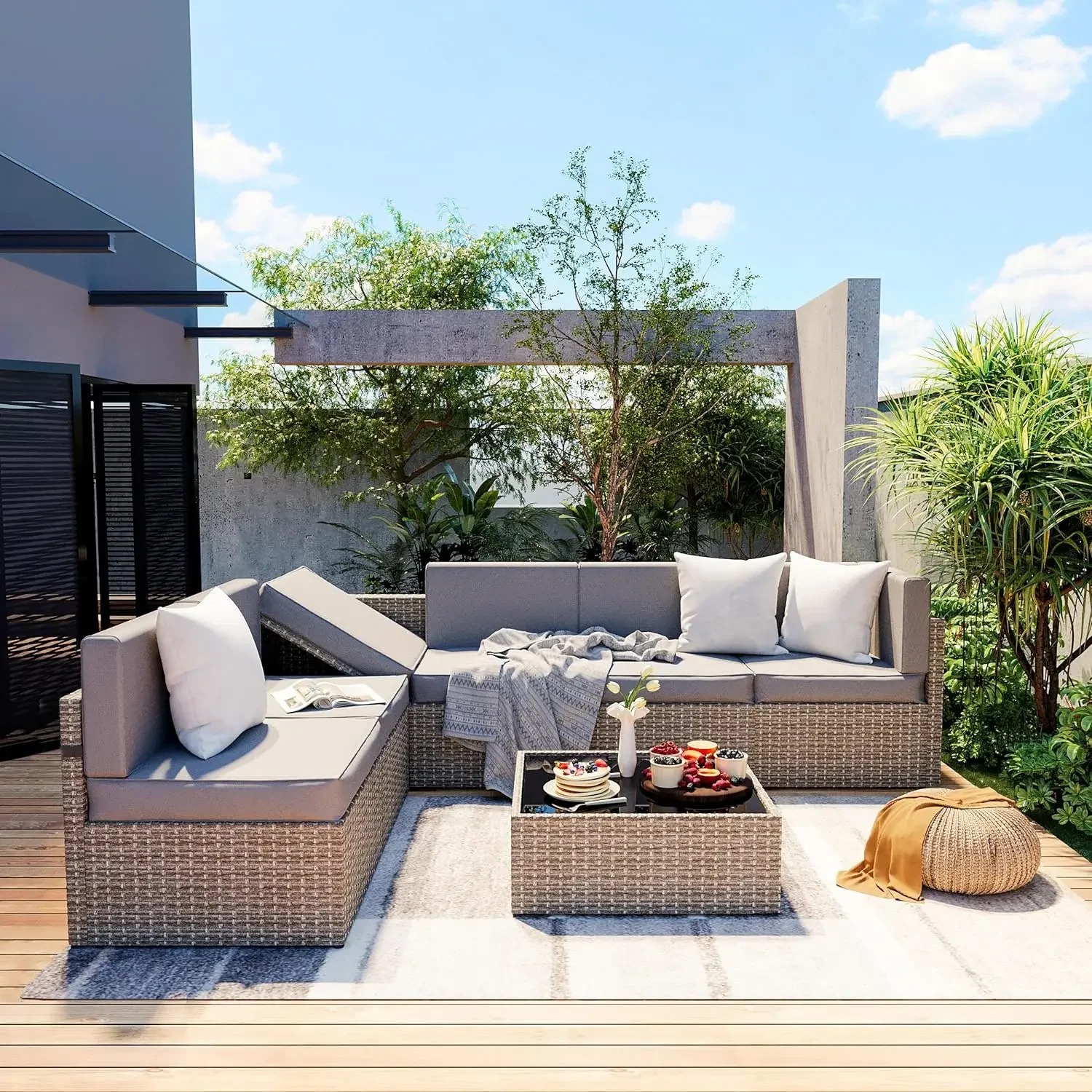 

Modular Outdoor Sectional,Wicker Patio Sectional Sofa Conversation Set, Rattan Sofa with Coffee Table and Washable Cushions