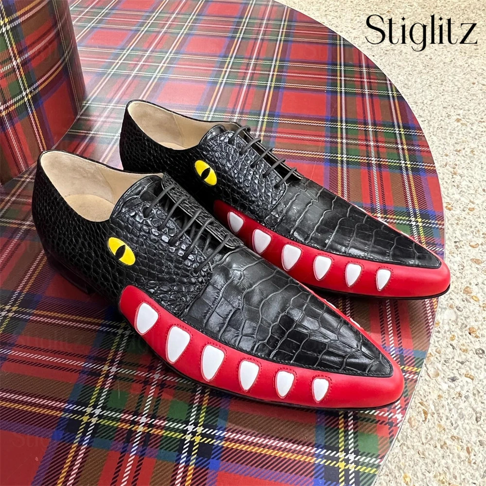 Eyes Teeth Sewing Novelty Oxfords Designer Style Crocodile Leather Dress Shoes Pointed Toe Low Stacked Heel Men's Leather Shoes