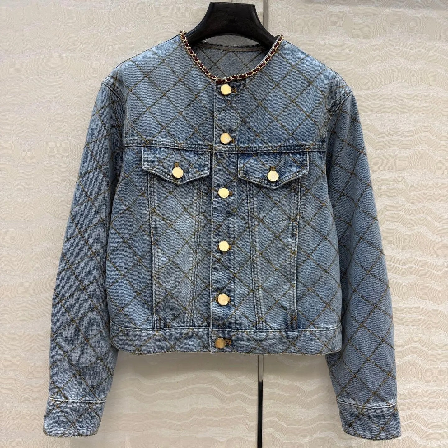 Denim Embroidered Color‑block Diamond‑stitch Cropped Jacket New Autumn Winter Outerwear Top