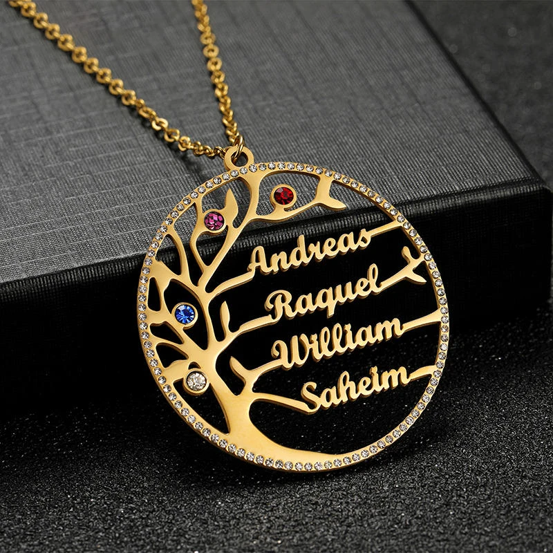 

Custom 1-6 Names Necklace Personalized 18K Gold Plated Stainless Steel Pendant Birthstone Life Tree Jewelry Man Women Gift