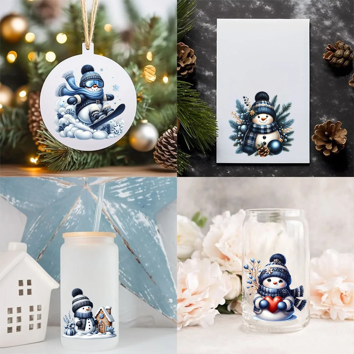 24pcs Christmas Blue Snowman UV DTF Cup Wrap Transfer Sticker Glass Coffee Mugs Decoration Winter Xmas Greeting Cards Decals