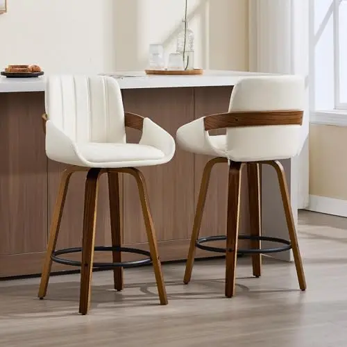 

Bar Stools Set of 2, 26' Counter Height Swivel with Back, Walnut Frame, PU Leather, Footrest - White