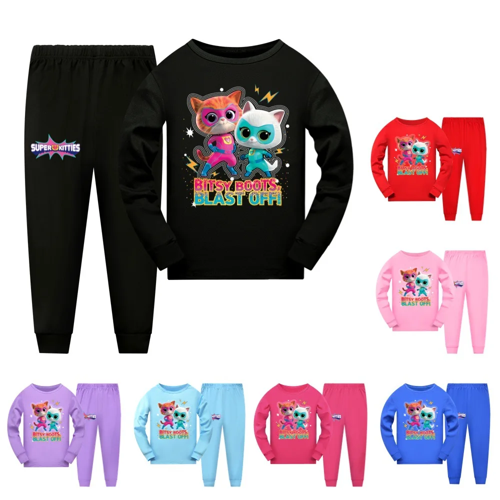 

Super Kitties Sleepwear for Kids Cotton Pajamas New Cartoon Boy Girl Clothing Sets Tops+Pants Sets Teens Pyjamas Children Pijama