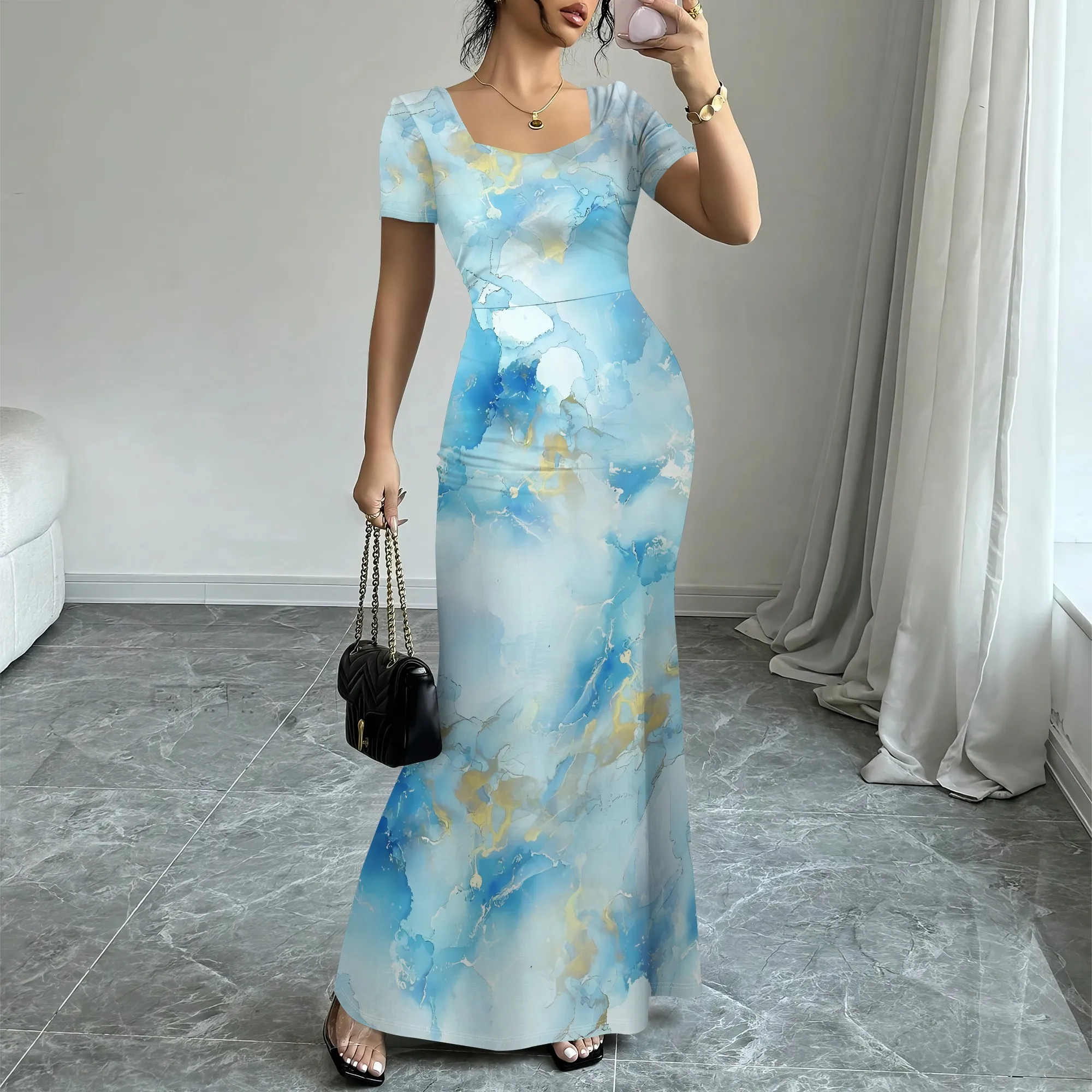 

Nupusa Marble Print Dress for Women Standard Size Summer Casual Square Neck Short Sleeve Maxi Dress