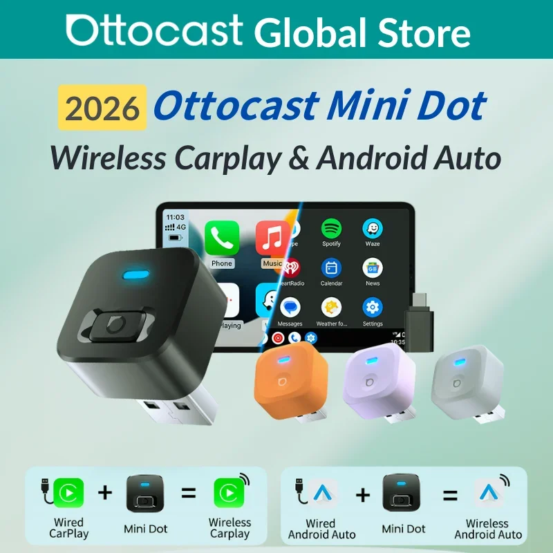 Adaptador Ottocast Mini Dot Wireless Carplay Dongle Android Auto de Com Fio para Sem Fio WiFi 6 Bluetooth 5.4 Plug & Play para Audi Kia