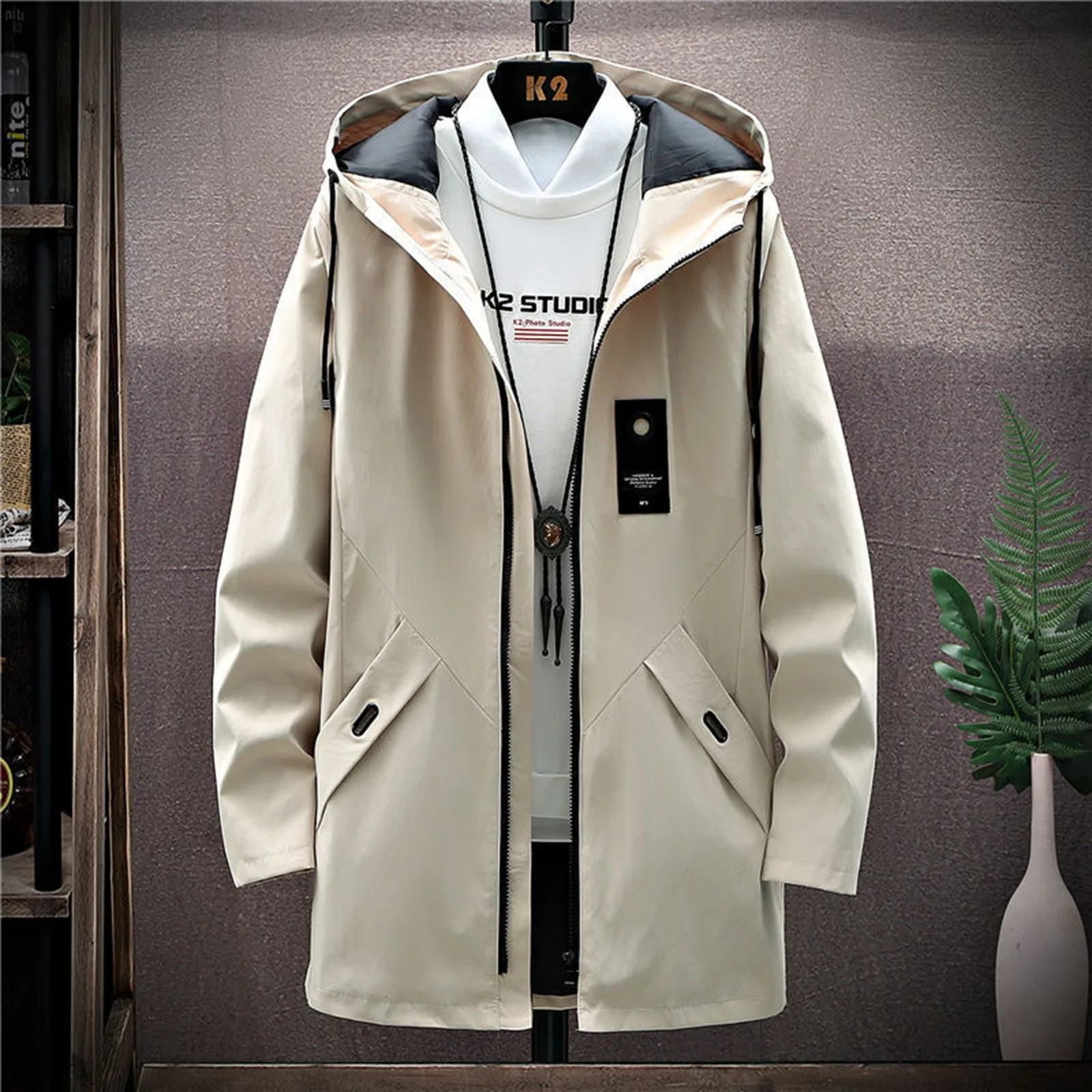 Men Trench Coat Slim Fit Zipper Closure Windbreaker Lapel Long Jacket Casual Windproof Overcoat Long Hooded Tops Cardigan Coat
