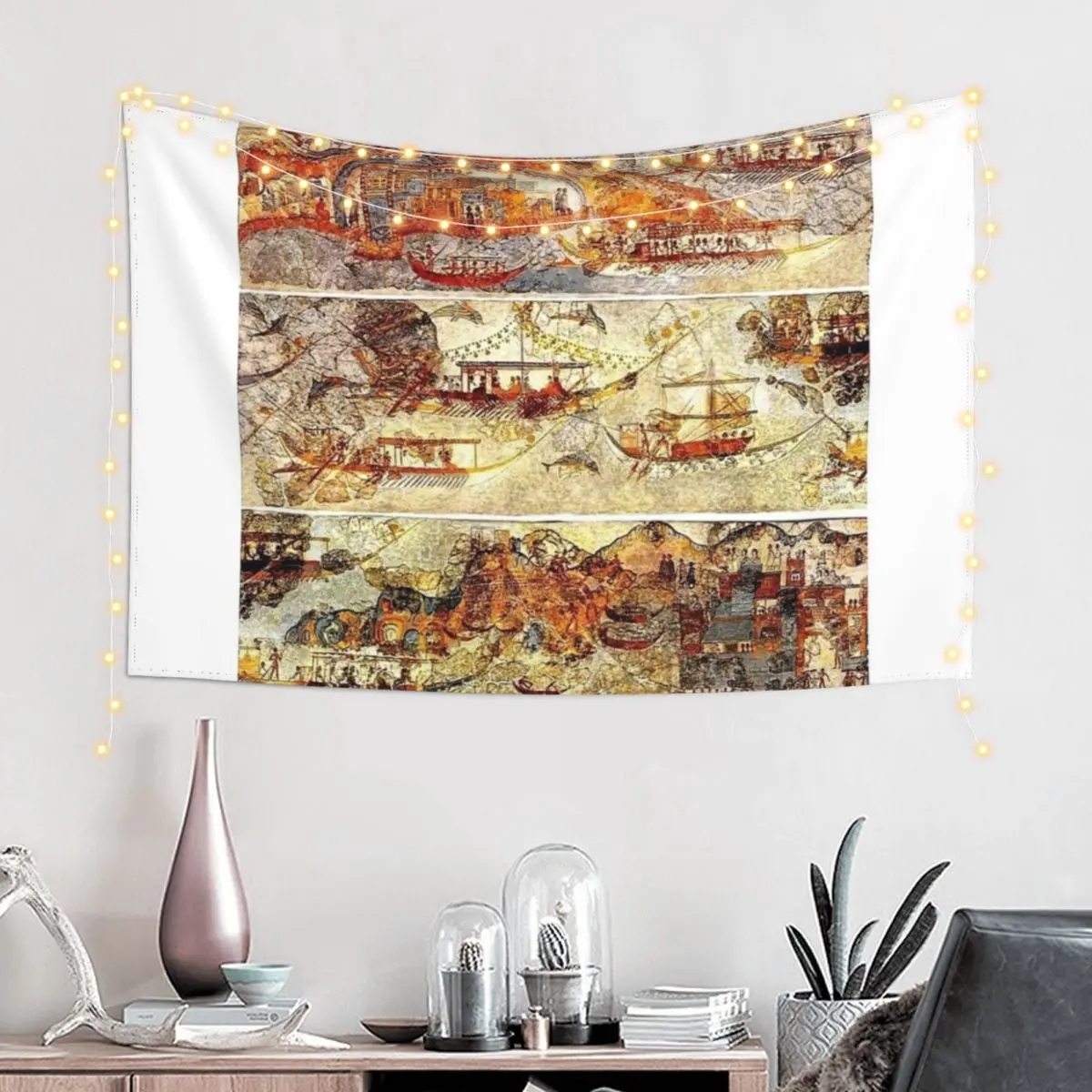 Minoan Admirals Flotilla Fresco in Three Panels Tapestry Cute Decor Kawaii Room Decor Tapestry