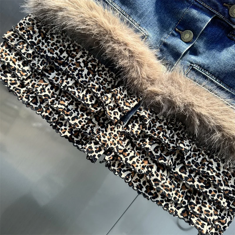 Y2k Fur Splicing Denim Short Skirt Leopard Print High Waist A Line Tiered Skirt Spicy Girl Wrapped Hip Skirt Street Fashion