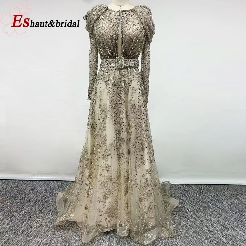 Vestido de noche musulmán elegante para mujer 2024 Aline cuello redondo manga larga encaje cristal Formal graduación vestidos de fiesta de boda personalizados