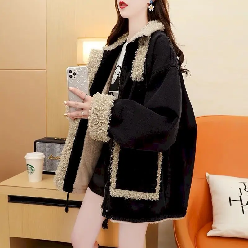 Faux Fur One-piece Lamb Wool Coat Women's Winter 2024 New Korean Style Loose Woolen Coat Jacket Trend Fashion Casual Cardigan