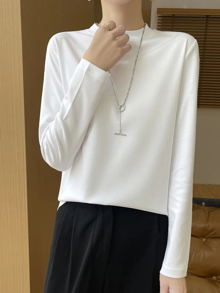 Spring Summer New Sle Women's Long Sve Cotton T-irt Thin Base Layer irt Versatile Top Outerwear f High Collar