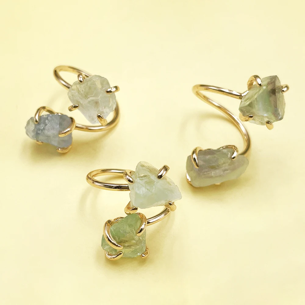 Irregular Fluorite Crystal Open Cross Ring for Women Girls Claw Setting Gold-color Boho Rough Stone Finger Jewelry Resizable view 4