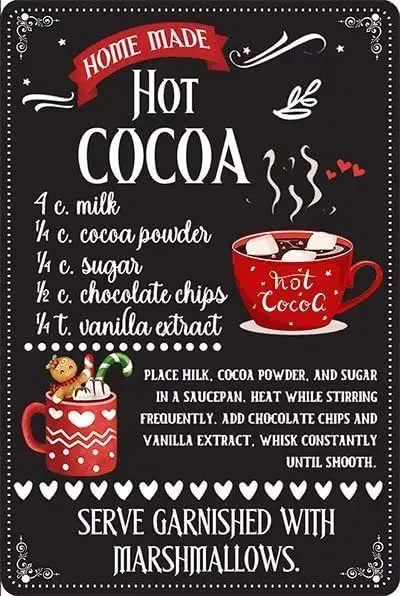 Letrero de hojalata de Metal para receta de cacao caliente casero, decoración navideña Retro para el hogar, cocina, letreros Vintage de barra de cacao caliente de 8x12 pulgadas