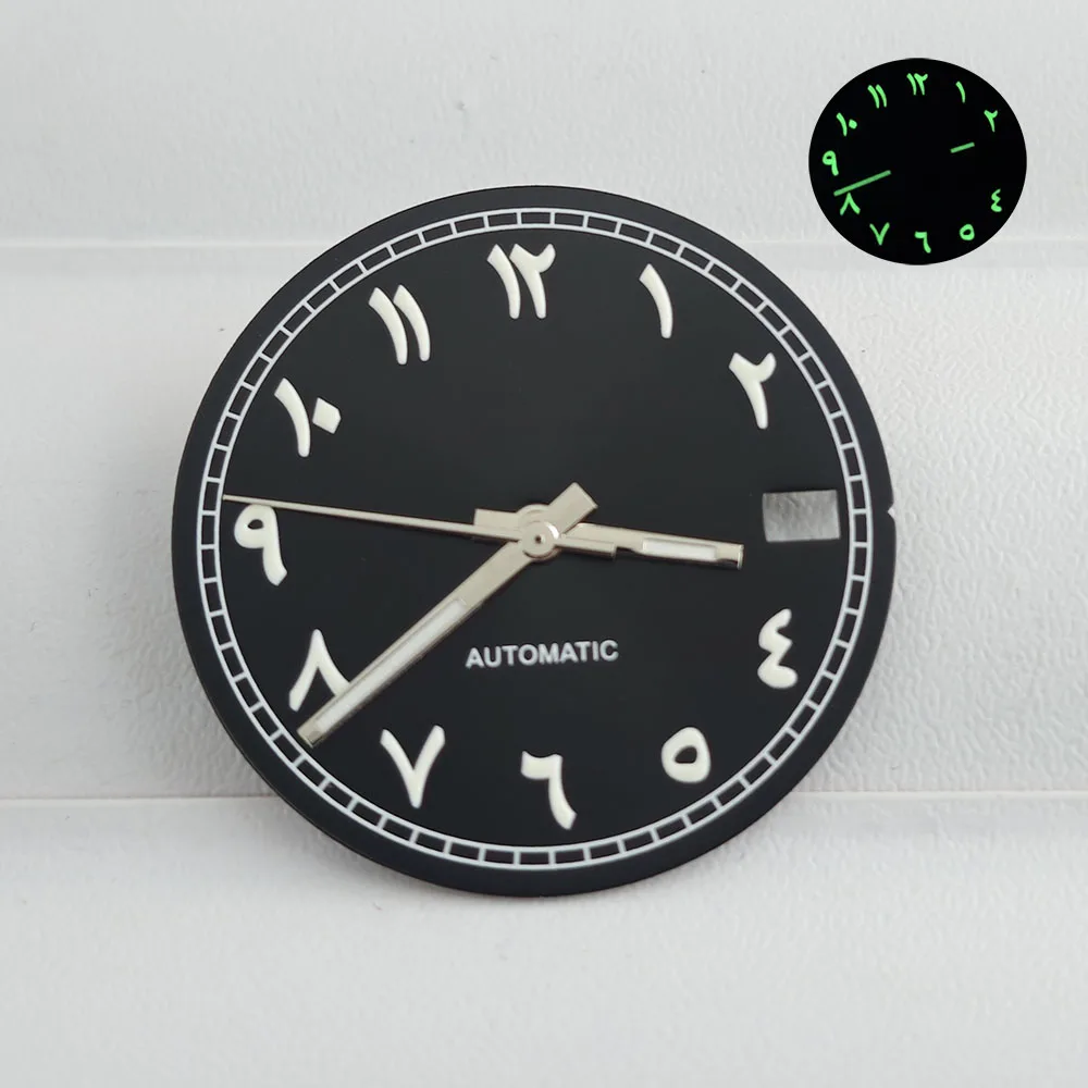 Циферблат часов NH35 28,5 мм, арабский цифровой циферблат, зеленый светящийся циферблат для NH35 NH36, аксессуары для часов с автоматическим механическим механизмом